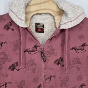 C E Schmidt Workwear XL Women Pink Horse Sherpa Fleece Coat Jacket Hood Zip Farm